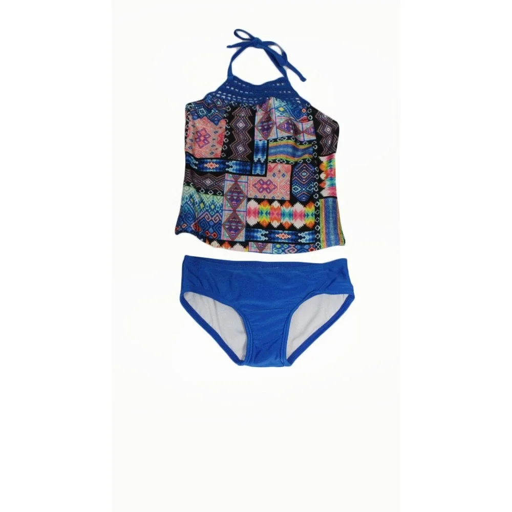 Art Class Little Girl Blue Geometric Patchwork Crochet Halter Tankini Set XS 4/5